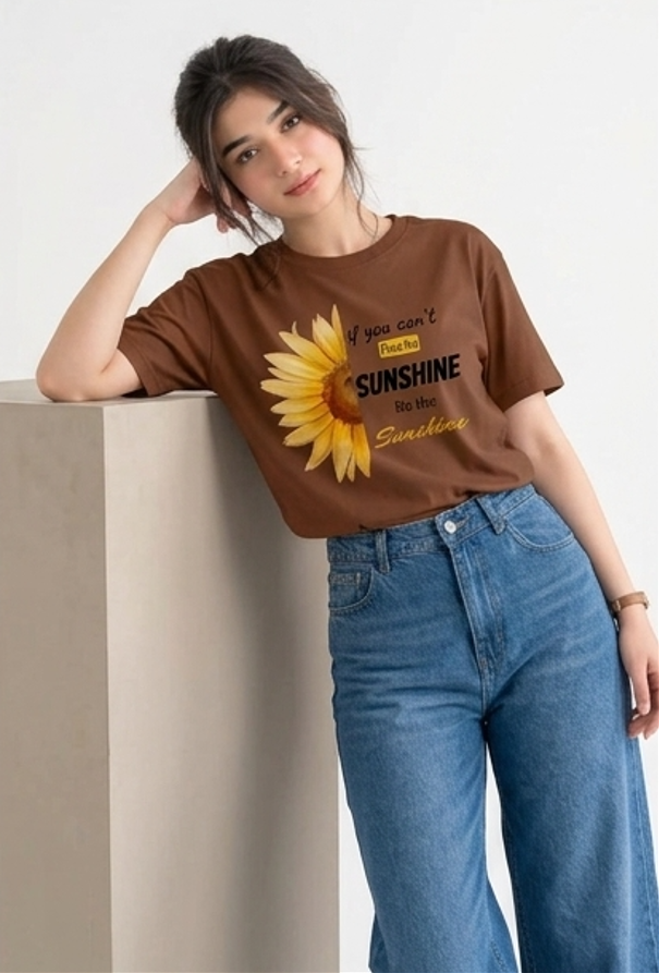 Be The Sunshine" Sunflower Graphic Cotton T-Shirt